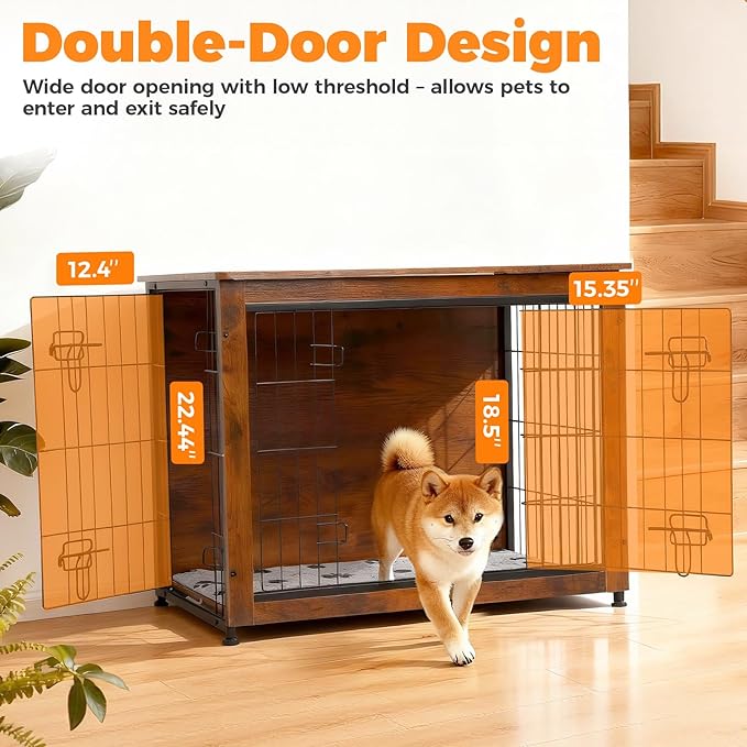 SHAWKEN Wooden & Metal Medium Dog Crate Furniture Indoor with Soft Cushion, Double-Door Dog House, 31.5" L Dog Kennel (Rustic Brown, Medium)