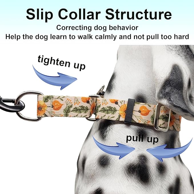 Martingale Collar for Dogs with Buckle Adjustable Nylon Slip No Pull Training Dog Collars (Beige Floral, Large)