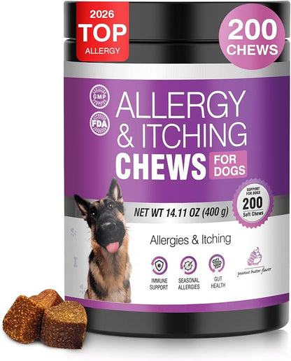 Dog Allergy Chews 200ct - Dog Allergy and Itching Skin Relief Anti Itch Aller Immune Bites for Dogs licking Paws Treatment Relief Itchy Chew Probiotics Vitamins for Skin and Coat - Peanut Butter