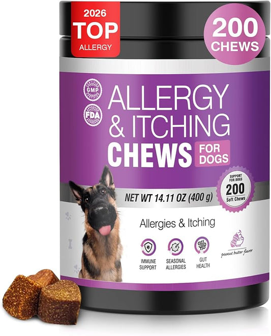 Dog Allergy Chews 200ct - Dog Allergy and Itching Skin Relief Anti Itch Aller Immune Bites for Dogs licking Paws Treatment Relief Itchy Chew Probiotics Vitamins for Skin and Coat - Peanut Butter