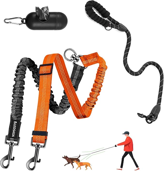Double Dog Leash - 360°Swivel Tangle Free Splitter Attachment, 1 Rope with Handle, 2 Dogs Multi-Functional Leash, for Outdoor Walk Train Small Medium Large Two Pet, Orange