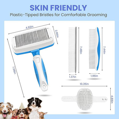 Self Cleaning Shedding Brush - 5-in-1 Professional Pet Grooming Kit Skin Friendly Grooming Tool for Dogs, Cats, and Puppies, Deshedding and Hair Removal for Long and Short Haired Pets（Blue-White）