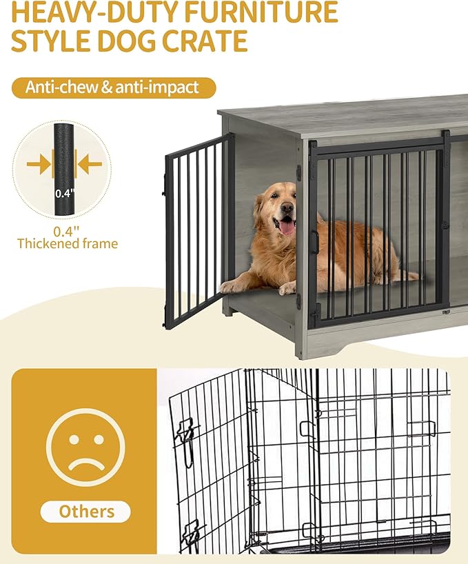 Hzuaneri 39.4" Heavy Duty Dog Crate Furniture with Barn Door, Wood Indoor Dog Crate Kennel for Small/Medium/Large Dogs, End Side Table, TV Stand, Greige Black DFC02305B
