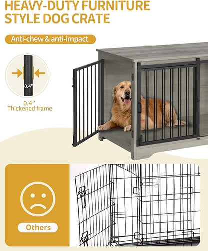 Hzuaneri 39.4" Heavy Duty Dog Crate Furniture with Barn Door, Wood Indoor Dog Crate Kennel for Small/Medium/Large Dogs, End Side Table, TV Stand, Greige Black DFC02305B