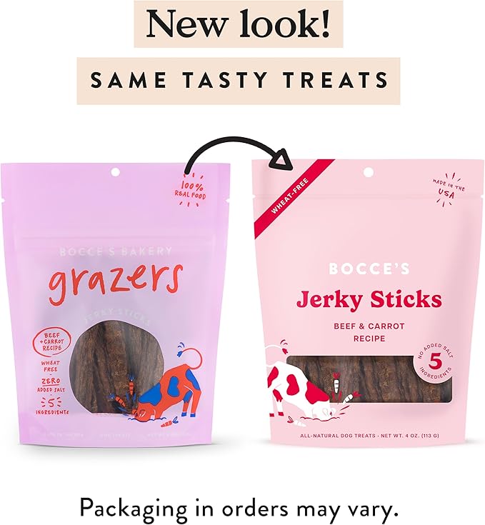 Bocce's Bakery Jerky Stick Dog Treats, Wheat-Free, Made with Limited-Ingredients, Baked in The USA with No Added Salt or Sugar, Natural & High-Protein, Beef & Carrot Recipe, 4 oz
