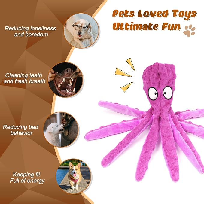 3 Pack Dog Toys for Small Dogs, Medium Dogs, Large Dogs, Puppy Teething Chew Toys, aggressive chewers, No Stuffing Crinkle Plush Dog Toys, Dog Squeaky Octopus Toys