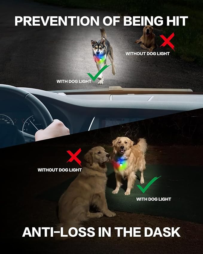 Dog Collar Light 2 Pack, Dog Lights for Night Walking 4 Modes, Waterproof Dogs Light Clip on Rechargeable, LED Dogs Walking Lights for Night Running, Camping, Climbing, Bike