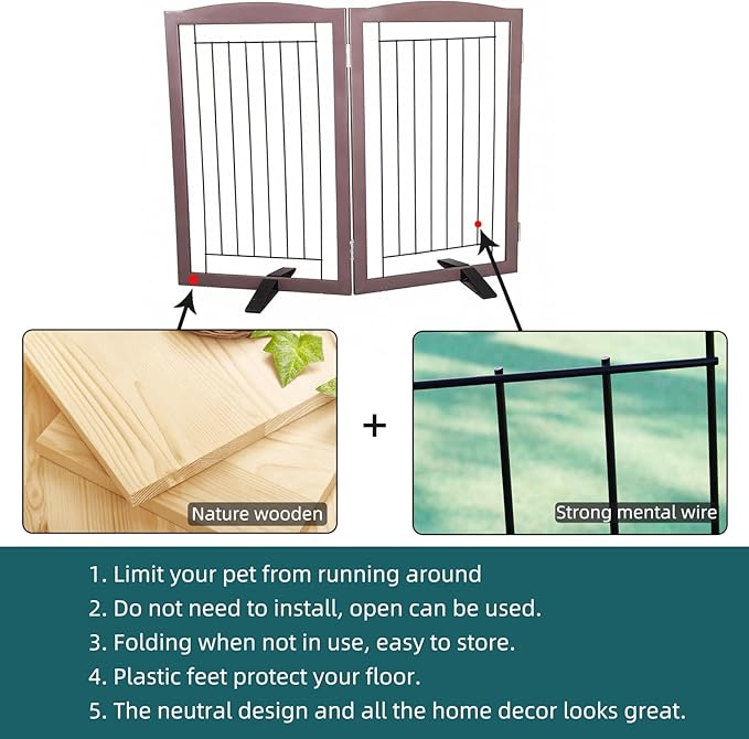 ZJSF Freestanding Dog Fence Indoor, Foldable Dog Gate for Doorways, Stairs or Hallways, Sturdy Wood Extra Wide Pet Gate with Support Feet for The House, Brown, 32 "Height-2 Panels