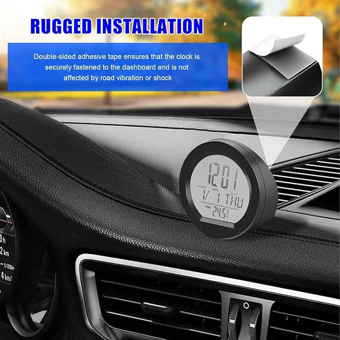 Car Digital Thermometer Clock, Dashboard Adhesive LCD Display Watch with Automatic Backlight at Night, Fahrenheit Temperature Display 24 Hour Format Time Clock for Car Home Office