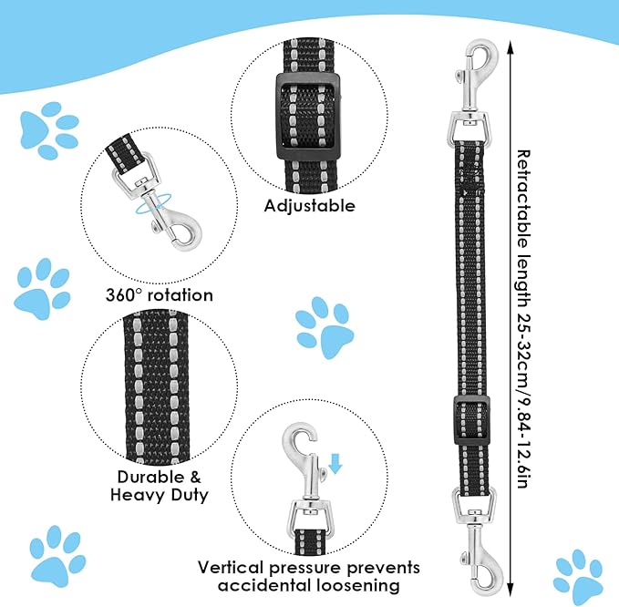 Cobee Reflective Nylon Prong Collar Clips, 2 Pcs Backup Safety Adjustable Dog Harness Connector, Double Ended Clasp Clip for Puppies (Black, Gray)