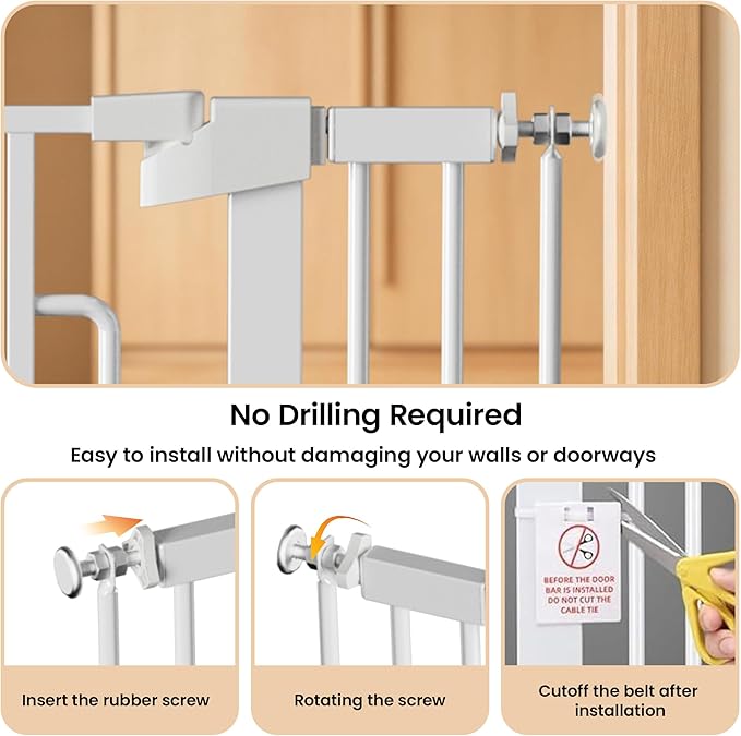 53.15" Extra Tall Cat Gate for Doorway, 29.53"-40.16" Wide Auto Close Safety Pet Gate with Small Cat Door, NO Drilling Pressure Mount Kit for Cats and Dogs, White