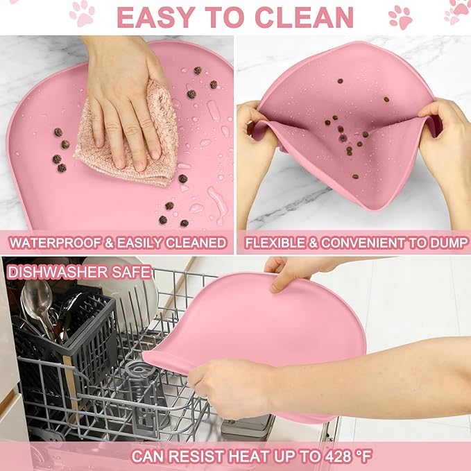 Smilool Small Silicone Pet Food Mat with Raised Edge for Food and Water Bowl, Square Dog Feeding Mats, Cat Food Trays for Floor Waterproof, Rubber Tray for Dogs and Cats, 12 x 12 x 0.7 Sakura Pink