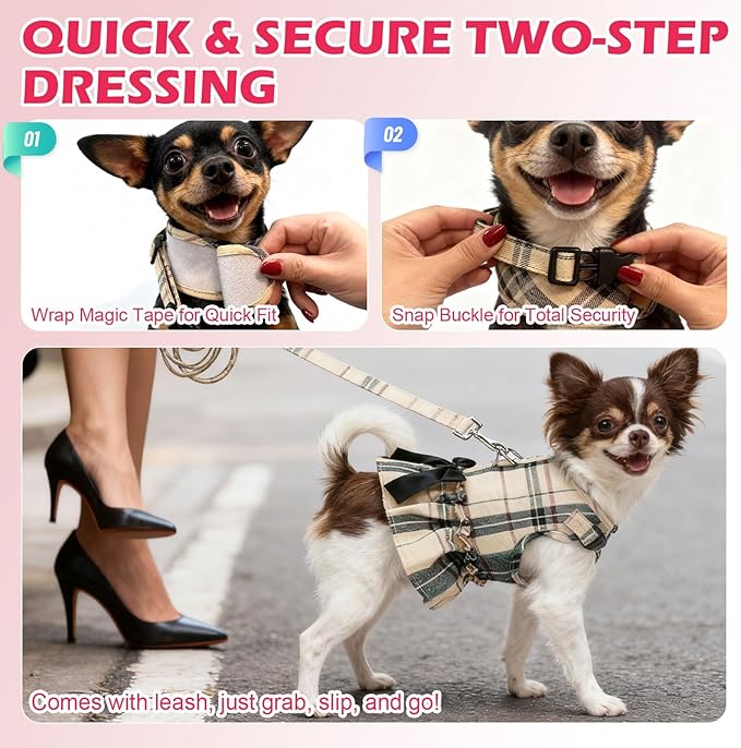 EXPAWLORER Dog Harness Small Medium Sized Dogs, Plaid Dog Dress Bowknot Harness and Leash Set, No Choke No Pull Soft Mesh Vest Cute Princess Puppy Outfits Clothes Costume for Girls Party Cats Pink S