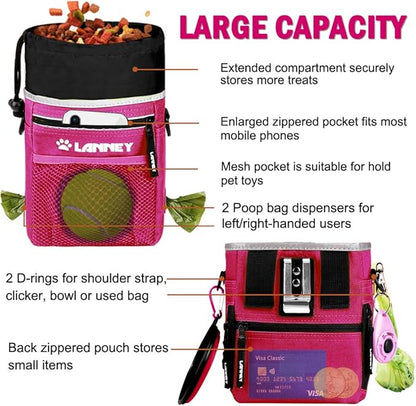 Dog Treat Pouch Pet Training Bag for Small to Large Dogs, Treat Tote Carry Kibble Snacks Toys for Training Reward Walking, Metal Clip, Waist belt, Shoulder Strap, Poop Bag Dispenser and Clicker