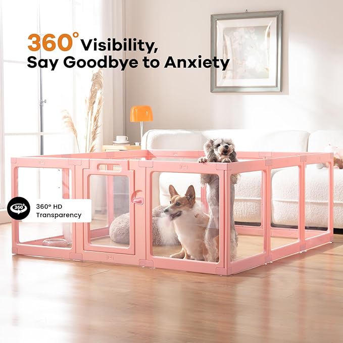 Clear Acrylic Dog Playpen Indoor, Puppy Cat Small Pet Play Pen, Pet Cat Playpen for Rabbits, Dog Fence Crate Kennel Whelping Cage (Pink, 10 Panel)