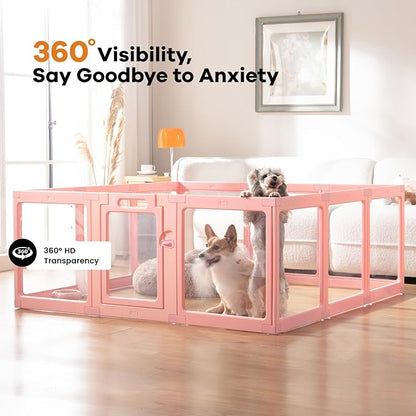Clear Acrylic Dog Playpen Indoor, Puppy Cat Small Pet Play Pen, Pet Cat Playpen for Rabbits, Dog Fence Crate Kennel Whelping Cage (Pink, 10 Panel)