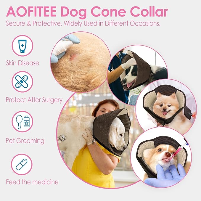 AOFITEE Dog Cone - Soft Cones Dog After Surgery, Comfy Cones for Dogs to Stop Licking, Adjustable Small Dogs Cone Collar for Wound Healing, Elizabethan Pet E-Collar, Brown Small