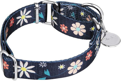 Martingale Collar Floral Print Puppy Dog Collar - No Pull Pet Collar, Heavy Duty Adjustable Dog Collar, Small, Neck 11 Inch -15.5 Inch, Elegant Flowers (Dark Blue)