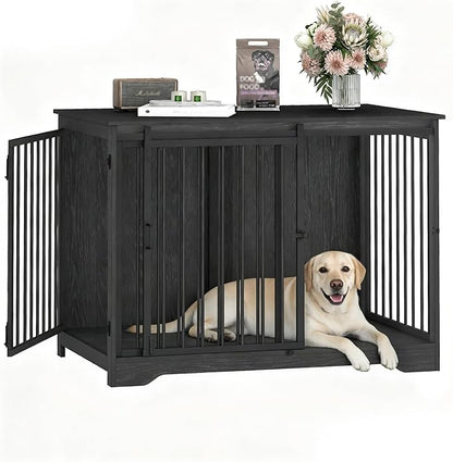 Hzuaneri 43.3" Dog Crate Furniture with Barn Door, Heavy Duty Dog Kennel Indoor with 2 Doors, Wooden Pet Cage End Table for Large Small Medium Dogs, Anti-Chew Anti-Escape, Black DFC92304B