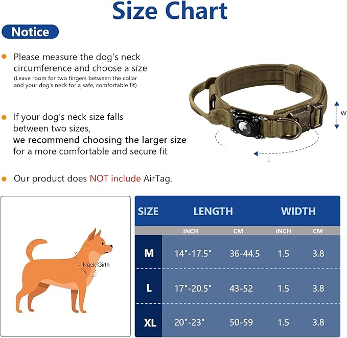 Upgraded AirTag Dog Collar, IP68 Waterproof Air Tag Dog Collar Holder, Ultra-Durable, Comfortable Padded, Heavy Duty Dog Collars for Medium Large Dogs with Smart ID tag(Khaki,XL)