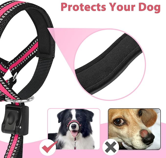 BARKLESS Soft Dog Head Collar, Patented Padded No Pull Head Halter, Training Nose Leash with Safety Link for Medium Large Dogs, Adjustable Muzzle Leash, Easy Control for Walking(Pink, L)