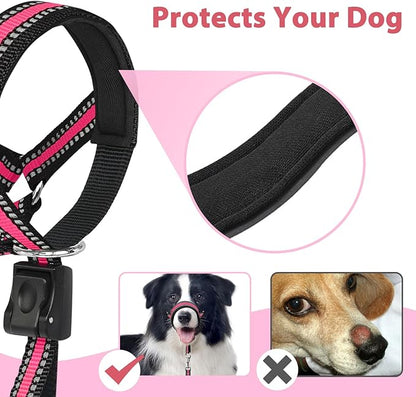 BARKLESS Soft Dog Head Collar, Patented Padded No Pull Head Halter, Training Nose Leash with Safety Link for Medium Large Dogs, Adjustable Muzzle Leash, Easy Control for Walking(Pink, L)