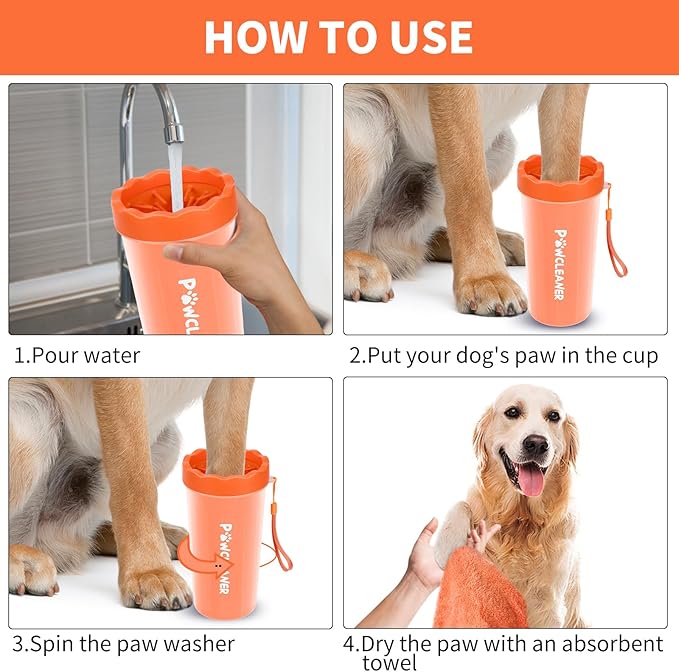 Professional 7 in 1 Dog Paw Cleaner for Dogs & Cats - Includes 1 Portable Paw Washer, 1 Bath Brush, 2 Dog Toothbrushes and 3 Absorbent Towels Note: Fits Paws 2.5 to 3.5 Inches Wide (Orange, Large)