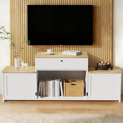 78" Dog Crate Furniture TV Stand, Tiered Dog Kennel for Medium Dogs with Stepped Design, Wooden Dog Cage with Storage Cabinets & Drawer, Heavy Duty Indoor Door House Media Console, White