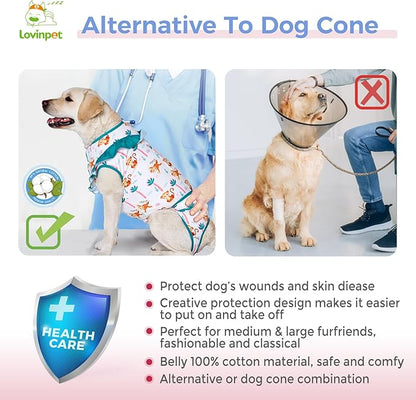 LovinPet Dog Recovery Suit for Large Medium Dogs - Bodysuit Onesie for Shedding Skin Disease Pet Pajamas Dog Anti Licking Bodysuit for Abdominal Wound After Surgery,Elephant,Green,L