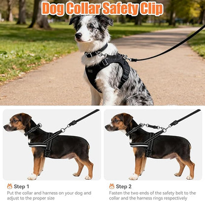 Dog Collar Safety Clip, Reflective Double-Ended Backup Connector for Harness to Collar, Adjustable Safety Clip for Prong, Pinch Collars, Prevents Escapes & Accidental Disconnection