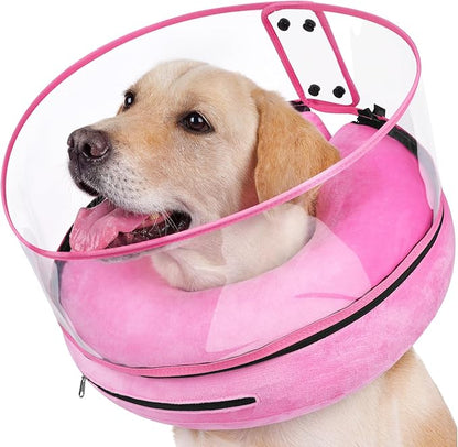 BARKLESS Inflatable Dog Cone, Protective Dog Surgery Collar to Stop Licking Biting Wounds, Patented Soft Donut Cone with Clear Shield, Adjustable Blow-up Collar for Surgery Recovery (Pink, S)