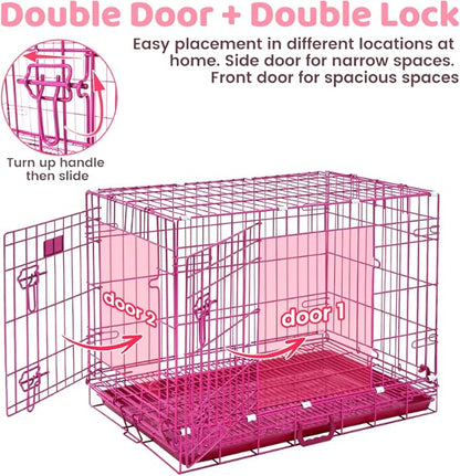 HOMEY PET 30 Inch Pink Dog Crate, Cute Dog Cage Medium Sized Collapsible Small Dog Kennel Indoor Nano-Coated Metal Wire Dog Crate with Removable Floor Grid Tray, Double Doors Dual Locks, Handle