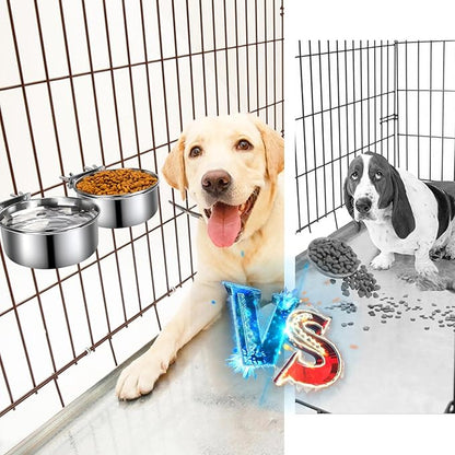 Dog Kennel Food and Water Bowls, 2 Pack Hanging Metal Dog Bowls No Spill, Stainless Steel Pet Dish for Small & Medium Breed Pets (6.3 x 2.6” & 5.5 x 2.4”)