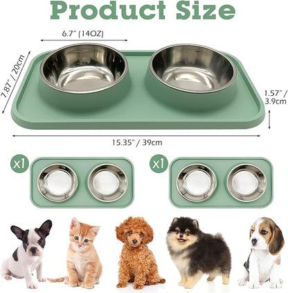BNOSDM 2 Pcs Double Dog Food Bowls, Stainless Steel Small Dog Food and Water Bowls with Non-Spill Plastic Mat, Pet Cat Feeder Dish Set for Puppy Cats Kitten, Green