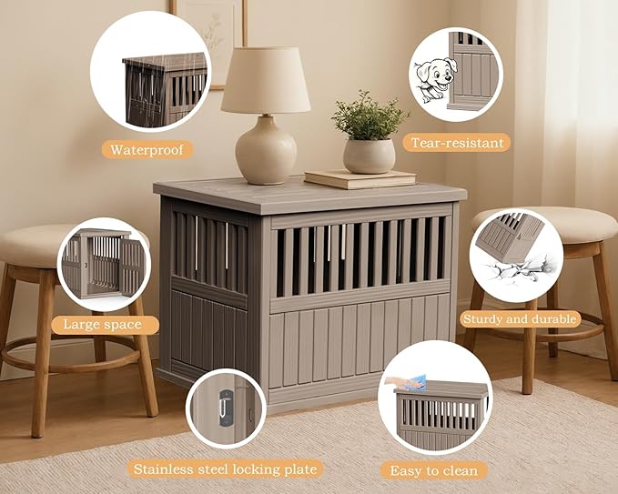 30 INCH Small Dog Crate Furniture Lockable Dog Kennel Indoor Dogs Cage Heavy Duty Decorative Plastic Pet Cage End Table for Small/Medium Dogs,Grey