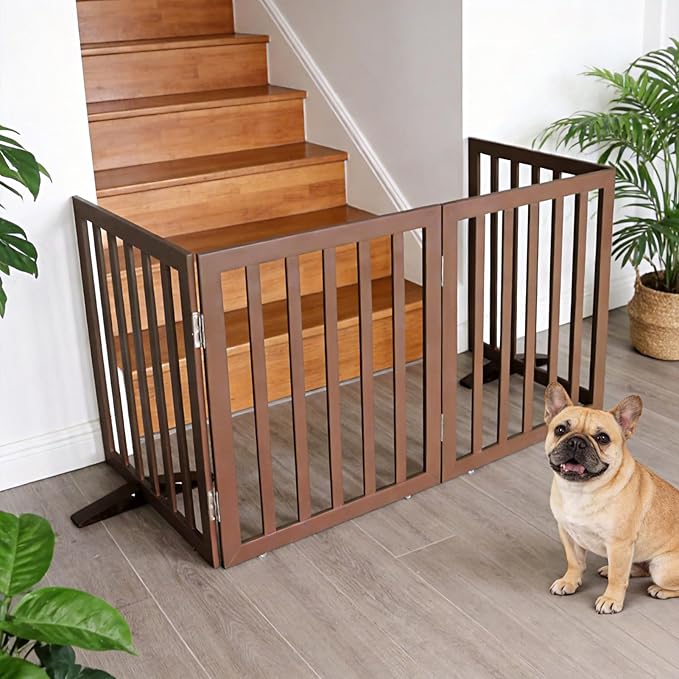 ZJSF Freestanding Indoor Dog Gate for House Foldable Wood Puppy Gate for Doorways Pet Gate for Stairs Extra Wide Pet Fence, Brown, 24" Height 3 Panels