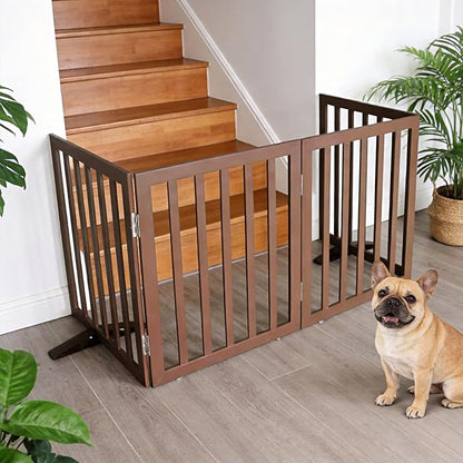 ZJSF Freestanding Indoor Dog Gate for House Foldable Wood Puppy Gate for Doorways Pet Gate for Stairs Extra Wide Pet Fence, Brown, 32" Height 2 Panels