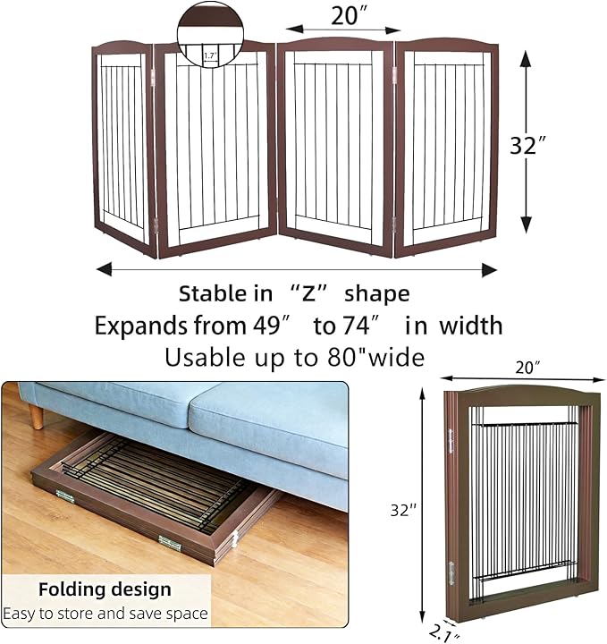 ZJSF Freestanding Foldable Dog Gate for House Extra Wide Wooden Brown Puppy Gate Stairs Dog Gates Doorways Tall Pet Gate 32 "Height 4 Panels Pet Fence