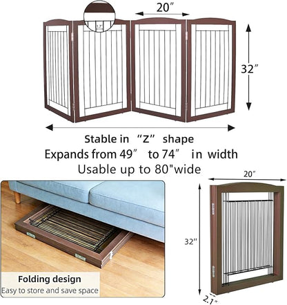 ZJSF Freestanding Foldable Dog Gate for House Extra Wide Wooden Brown Puppy Gate Stairs Dog Gates Doorways Tall Pet Gate 32 "Height 4 Panels Pet Fence