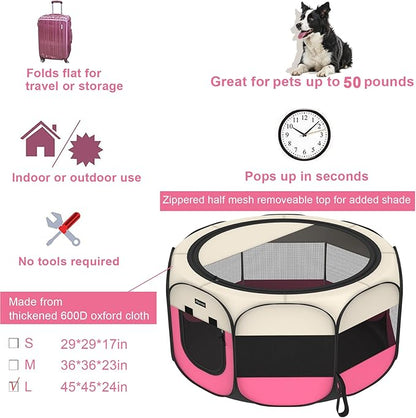 Portable Pet Puppy Dog Cat Playpen, 8-Panel Indoor/Outdoor Puppy Pen with Shade Cover & Travel Bag - Waterproof Dog Cat Tent