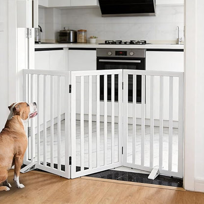 ZJSF Freestanding Indoor Dog Gate for House Foldable Wood White Puppy Gate for Doorways Pet Gate for Stairs Extra Wide Pet Fence 32" Height 3 Panels