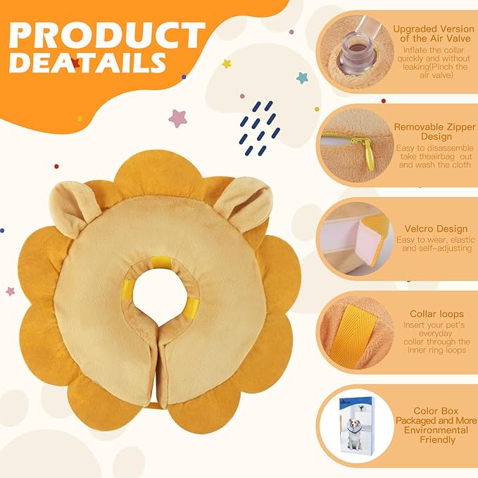 IEUUMLER Inflatable Recovery Dog Collar, Protective Donut Cone, Adjustable Soft Collar for Dog and Cat After Surgery Prevent from Biting & Scratching EU002 - Brown Lion XL