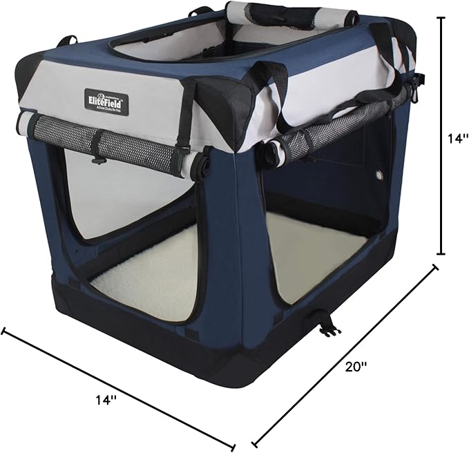 EliteField 4-Door Folding Soft Dog Crate with Curtains, Carrying Bag and Fleece Bed (2 Year Warranty), Indoor & Outdoor Pet Home (20" L x 14" W x 14" H, Navy Blue+Gray)