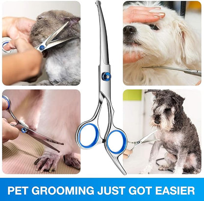 Dog Grooming Scissors Curved Shears Set Rounded Trimming Scissors for Professional Pet Dogs Cats Doodles Face Paws Matted Hair Removal at Home Use Supplies Station for Carding Tools and Trimmer