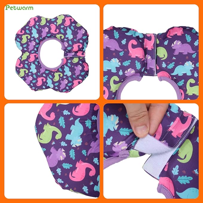 PetWarm Recovery Collar for Dogs, Dog Recovery Collar, Lightweight Pet Neck Protector with Memory Foam Padding, Gentle No-Lick Flower Design for Calm Rest and Travel, Dinosaur Print, Purple, L
