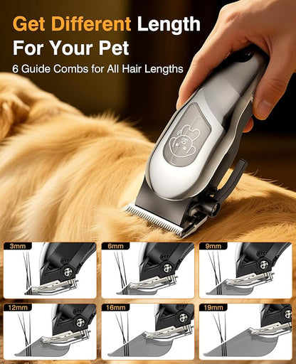 Dog Clippers for Grooming, Dog Grooming Kit for Heavy Thick Hair, Low Noise Cordless Pet Hair Trimmer with Stainless Steel Blade, Professional Rechargeable Hair Trimmer for Dogs and Cats M-Silver