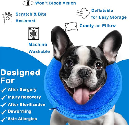 Inflatable Dog Cone Collar, Soft Dog Cone Blow-up Protective Recovery Collar, Blue (L Size)