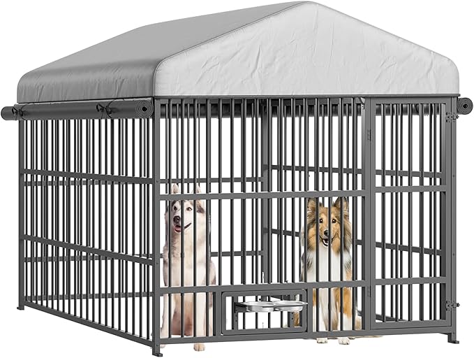 HOOBRO Outdoor Dog Kennel with Cover, 6.6 x 6.6 x 6.4 ft Dog Kennel Outside with Waterproof Roof and Rotating Feeding Bowls, Heavy-Duty Large Cage Enclosure, for Medium & Large Dogs, Black BK220GW03