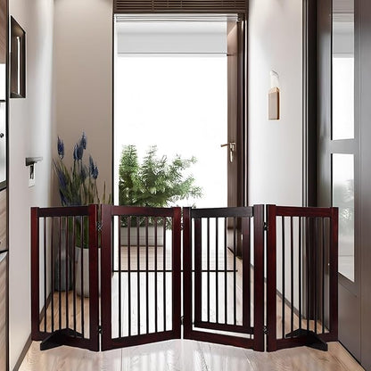 Indoor Dog Gate, Wooden Freestanding Pet Gate, Foldable Dog Gates for Doorways, No Drilling for The House, Doorways, Hallways,or Stairs, 30" Height 4 Panels Set of Support Feet Included (Espresso)