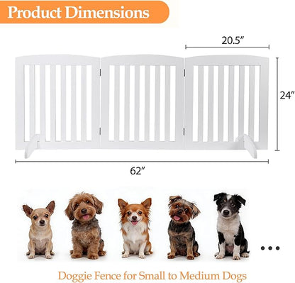 Freestanding Pet Dog Gate 24 Inch Foldable Dog Fence Indoor 3 Panel Extra Wide Wooden Door for Stairs Hallways Doorways